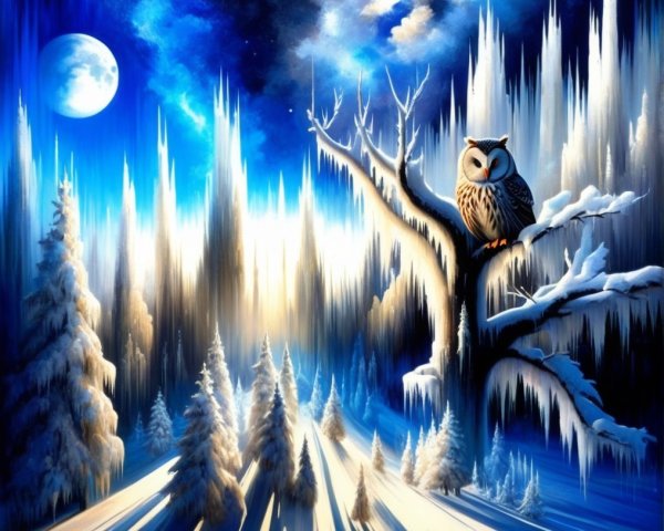 Winter Landscape with Owl and Moonlit Snow Scene