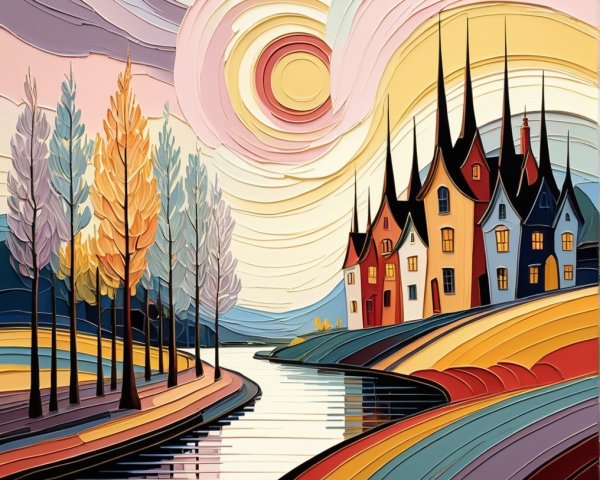 Whimsical Landscape with Colorful Houses and River