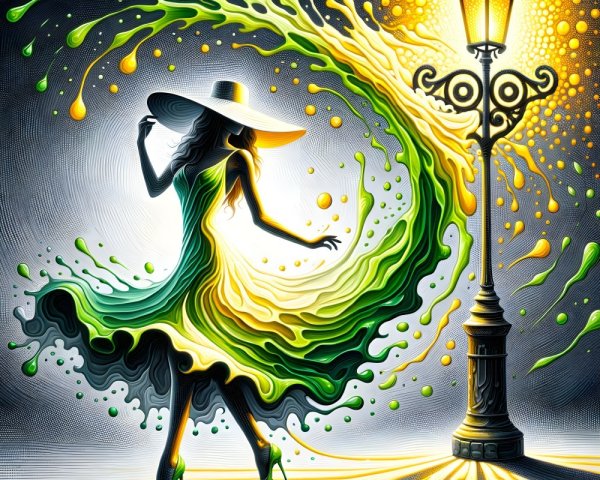 Dancer in Flowing Dress Under Vintage Streetlamp