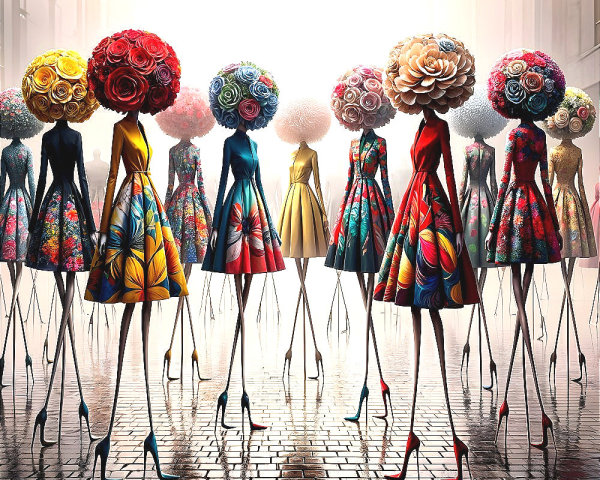 Colorful Figures in Floral Dresses on Cobblestone Street