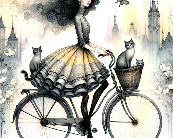 Stylish Woman on Vintage Bicycle with Cats and Flowers