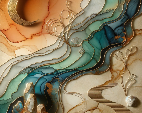 Abstract Landscape with Wavy Lines and Gold Accents