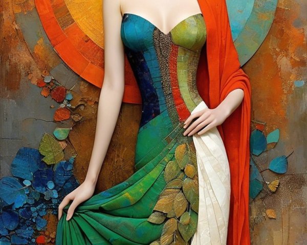 Elegant Woman in Colorful Gown with Floral Accents
