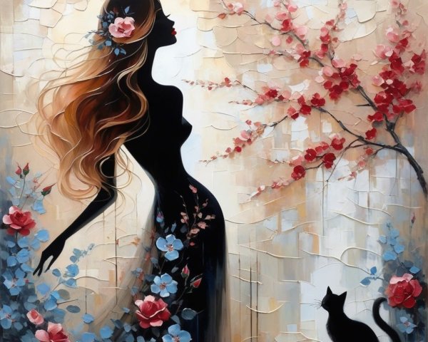 Silhouette of Woman with Flowers and Black Cat