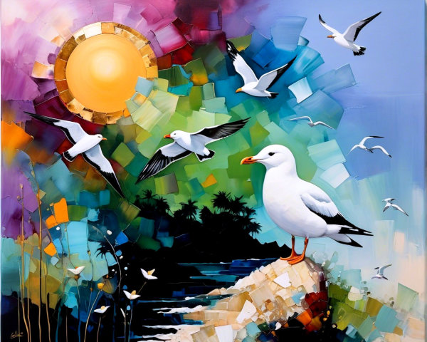 Vibrant Abstract Landscape with Seagulls and Sun