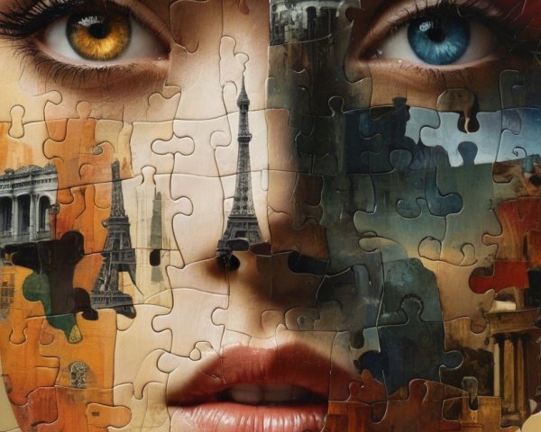 Close-Up of Symmetrical Female Face Made of Puzzle Pieces