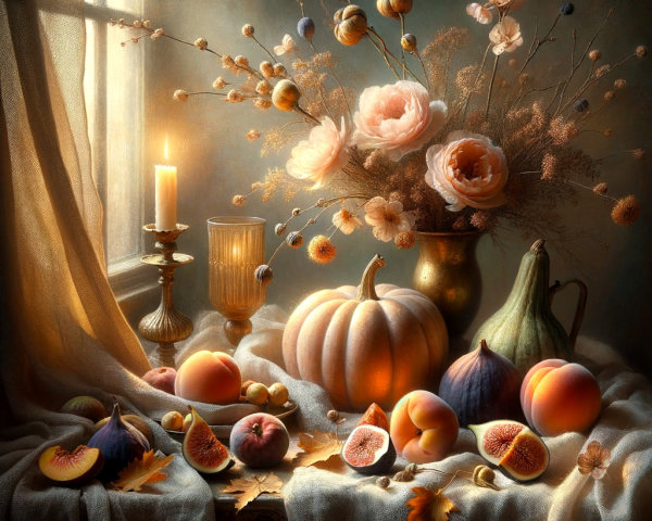 Autumn Still Life with Candlelit Fruits and Flowers
