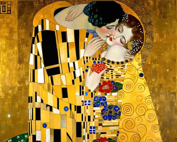 Couple Embracing in Passionate Kiss with Colorful Robes