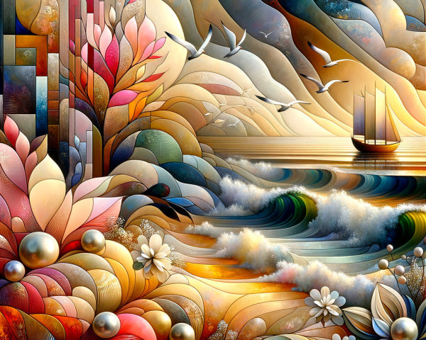 Vibrant Seascape with Abstract Shoreline and Sailboat