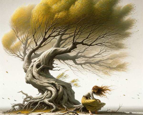 Surreal Landscape with Tree and Woman in Dress