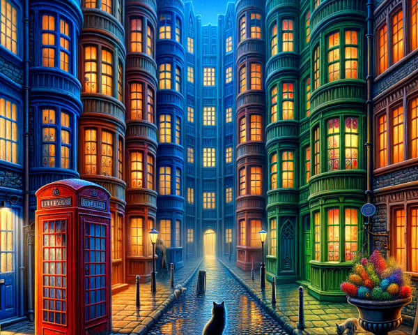 Colorful Alleyway with Illuminated Buildings and Cat