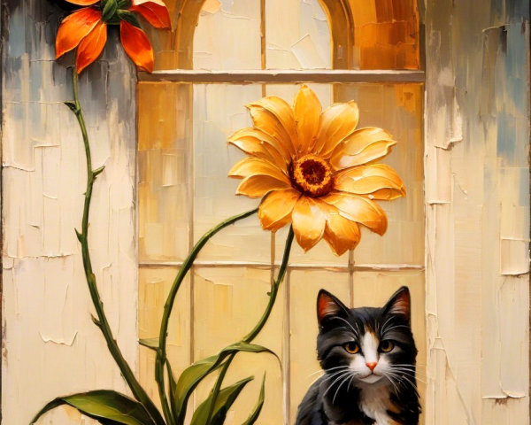 Cozy Interior with Tabby Cat and Yellow Flower