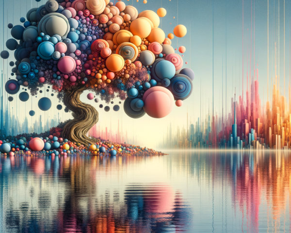 Surreal Landscape with Colorful Tree and Abstract Skyline