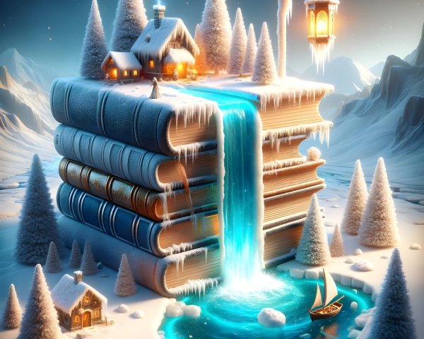 Winter Wonderland with Book Tower Waterfall Scene
