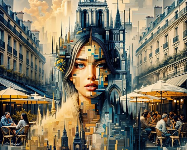 Modern cityscape blended with a stylized woman’s portrait