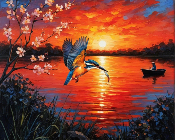 Vibrant Sunset Over Tranquil Lake with Wildlife