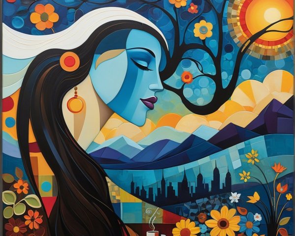 Abstract Painting of Serene Woman with Colorful Landscape