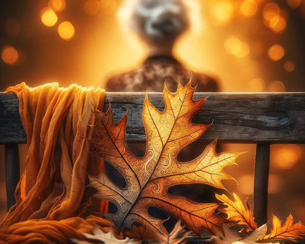 Autumn Scene with Silver-Haired Figure on Bench