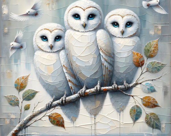 Three White Owls Perched on a Branch with Leaves