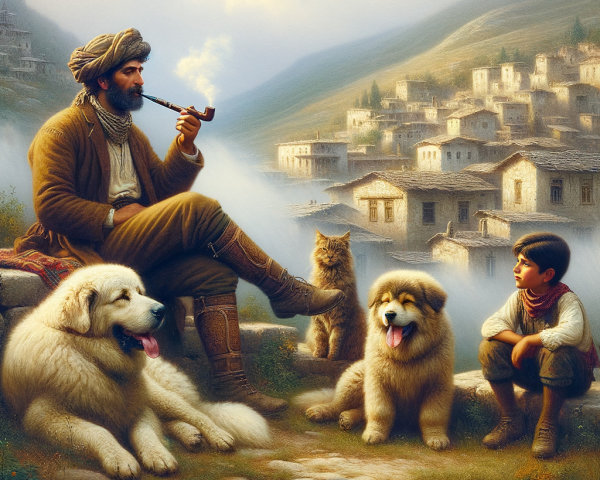 Serene Village Scene with Man, Dogs, and Boy