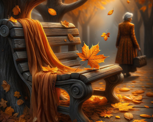Wooden Park Bench Under Autumn Tree with Leaves