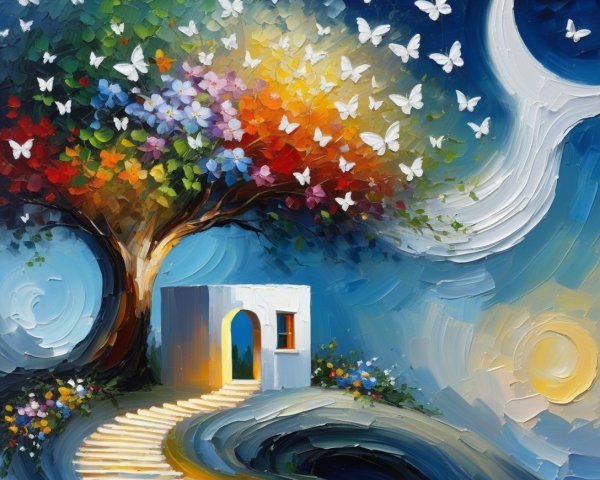 Vibrant Dreamy Landscape with Colorful Tree and Butterflies