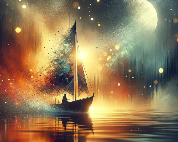 Sailboat on Reflective Water with Cosmic Colors