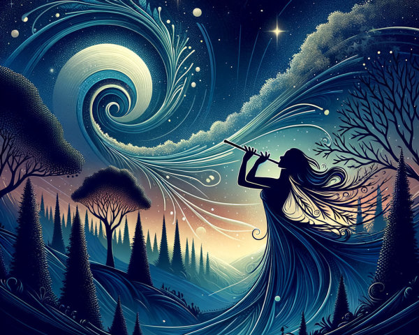 Silhouette of a Woman Playing Flute in Cosmic Scene