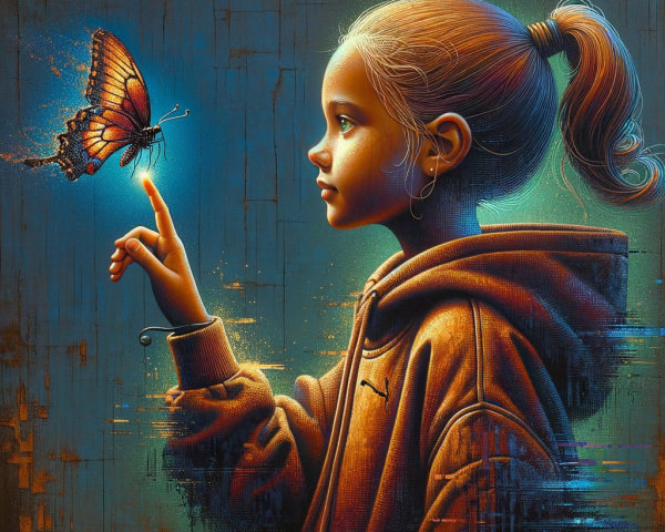 Young Girl Reaching for a Butterfly in Colorful Scene