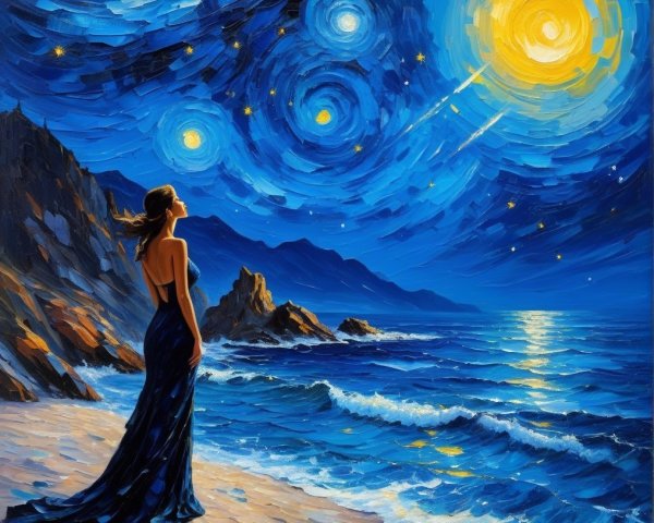 Elegant woman in blue dress on beach at night
