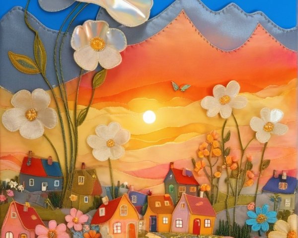 Textile Art of Sunset Over Colorful Valley Houses