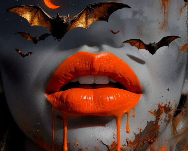 Close-up of Vibrant Orange Lips with Halloween Theme