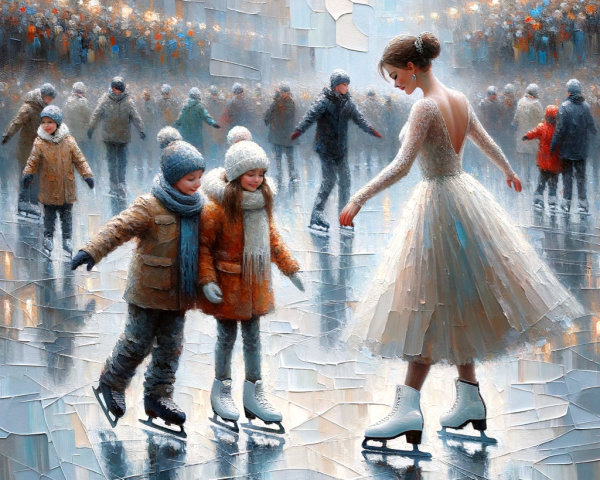 Ice Skater in White Dress on Shimmering Rink
