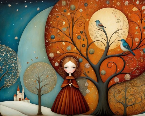 Whimsical Illustration of Girl by Colorful Tree and Castle