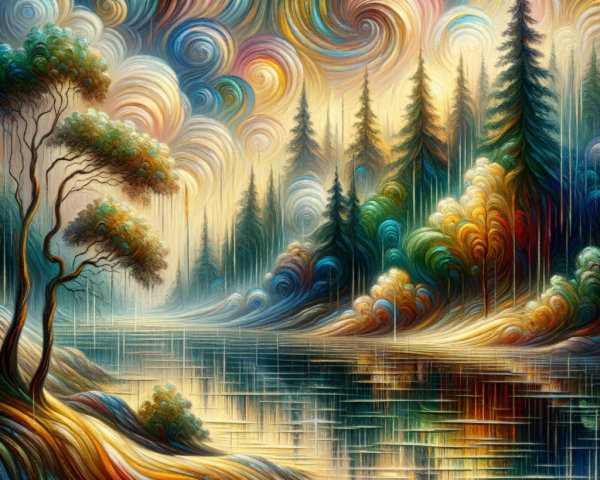 Vibrant Landscape with Serene Lake and Pine Trees