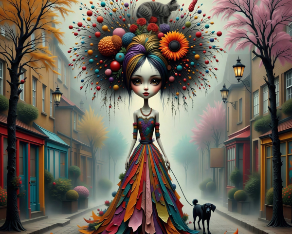 Whimsical Illustration of Doll-Like Woman and Pets