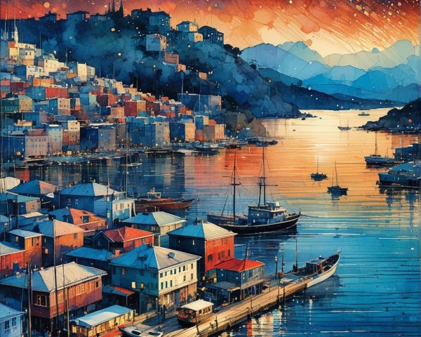 Harbor Scene at Dusk with Colorful Houses and Boats