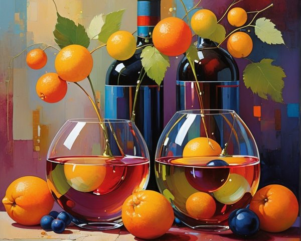 Elegant Glass Bowls with Colorful Fruits and Wine Bottles