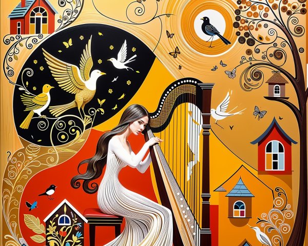 Woman in White Dress Playing Harp in Vibrant Nature