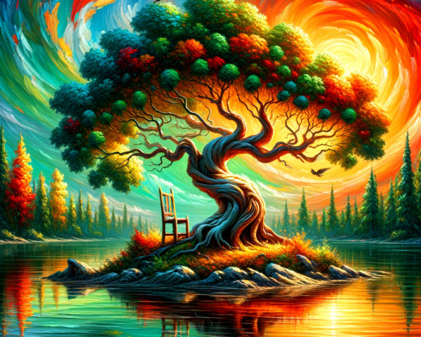 Vibrant Tree by Reflective Lake with Colorful Foliage