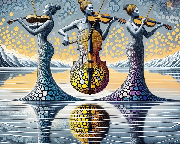 Stylized Female Musicians in Water with Vibrant Gowns