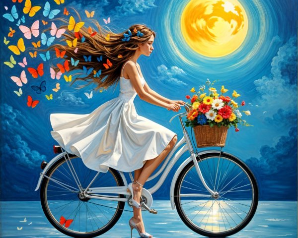 Young Woman in White Dress on Vintage Bicycle at Night