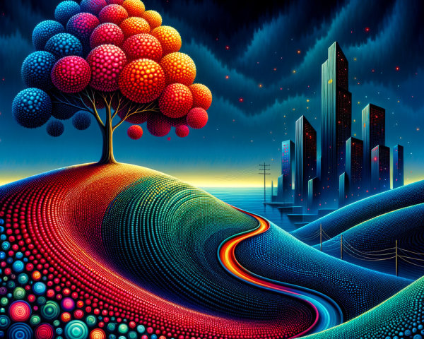 Surreal Landscape with Colorful Hills and City Skyline