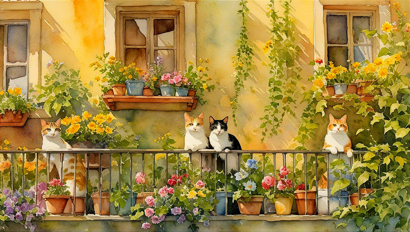 Sunlit balcony with cats and vibrant flowers