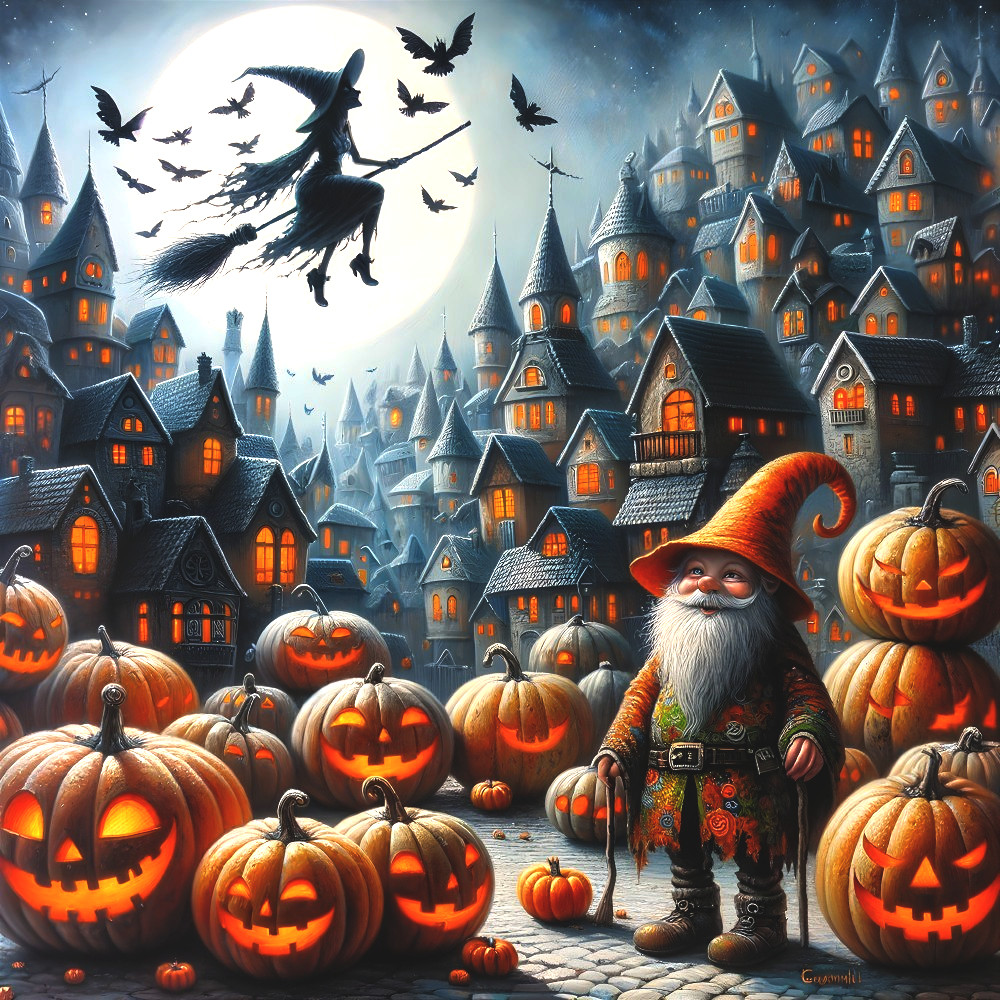 Whimsical Halloween Scene with Gnome and Pumpkins