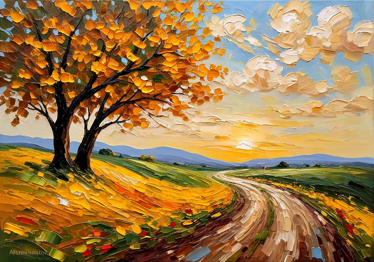 Vibrant Landscape with Winding Road and Colorful Sky