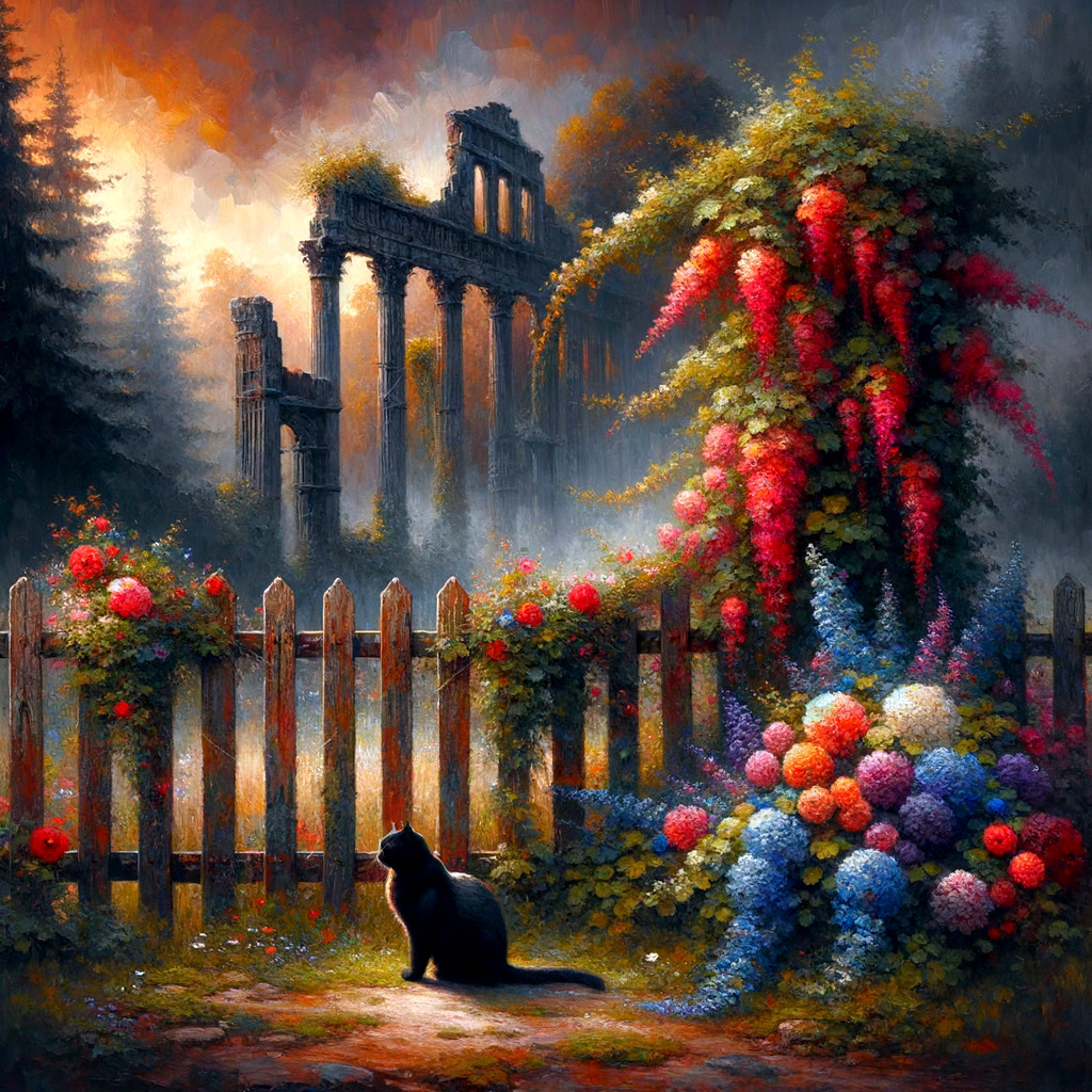 Black Cat by Flowered Fence in Mystical Landscape