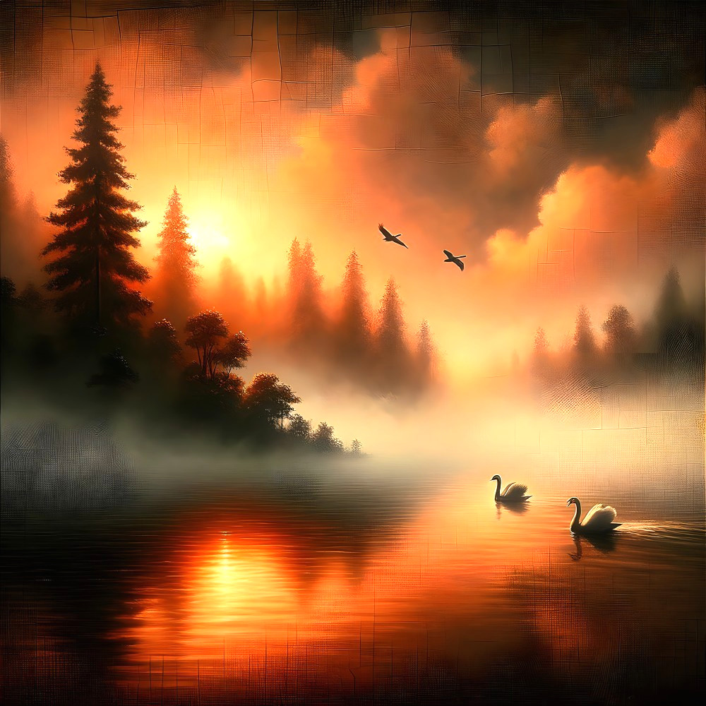 Tranquil Dusk Landscape with Reflective Lake and Swans