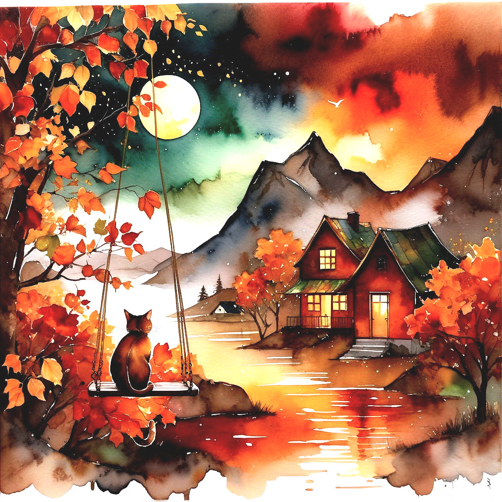 Watercolor Autumn Scene with Black Cat on Swing