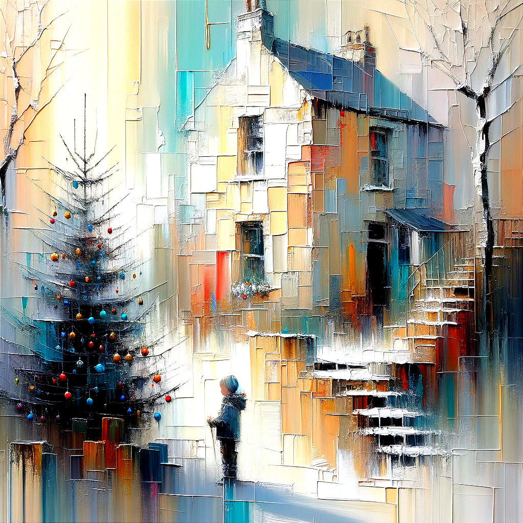 Winter Scene with House, Christmas Tree, and Child